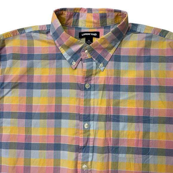 Lands' End Mens XL Long Sleeve Button Up Pastel Plaid Easter Pink Blue Yellow - Picture 3 of 7
